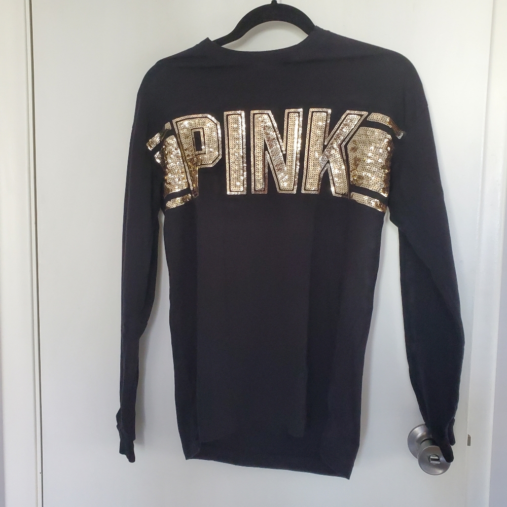 Victoria Secret Pink Gold sequin campus tee XS
